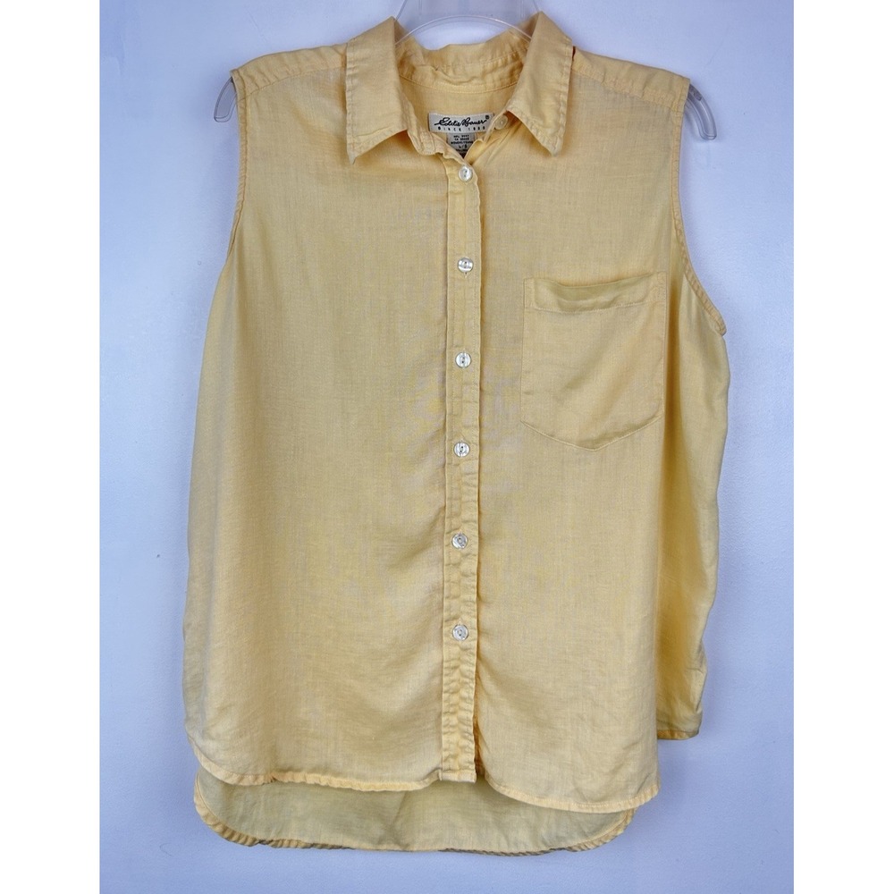 Eddie Bauer Linen Top Womens L Butter Yellow Sleeveless Button Casual Vacation